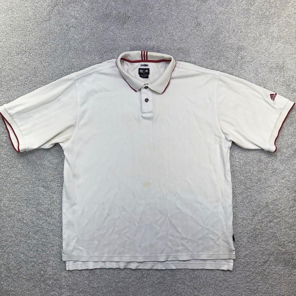 Vintage Adidas Climalite Polo Shirt Mens XL White Maroon Striped Golf Tennis